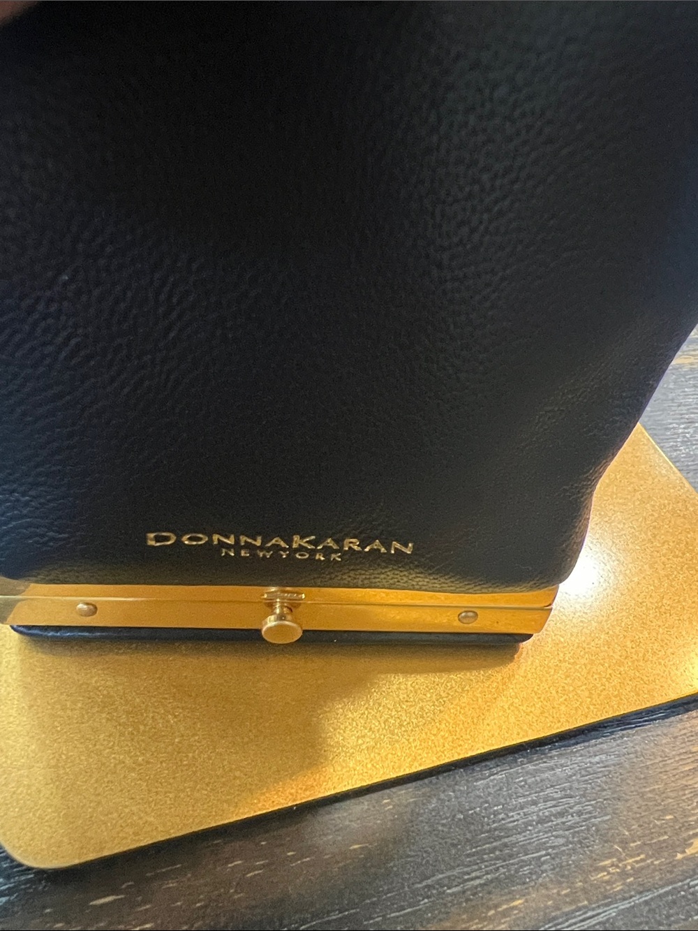 Donna Karan Black Sisal Leather Drawstring Clutch with Mirror - Picture 4 of 9